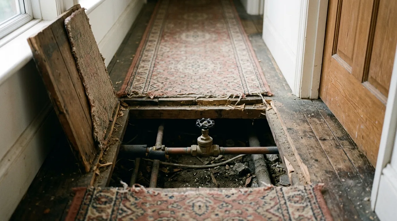 A lifted hallway floor hatch showing the stopcock on the incoming main below