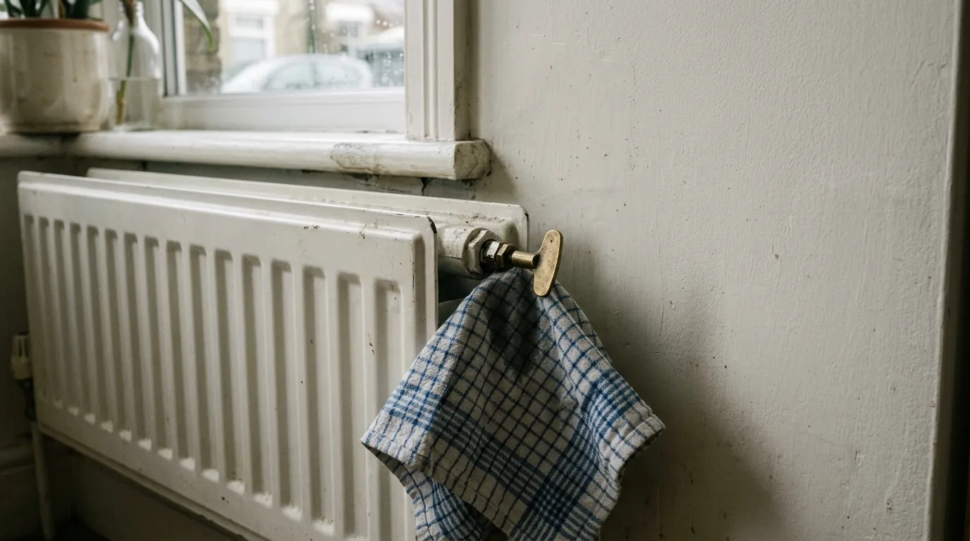 A bleed key in the valve at the top corner of a panel radiator with a cloth beneath it