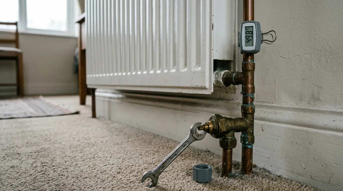 A lockshield valve with its cap off and a pipe thermometer clipped to the flow pipe