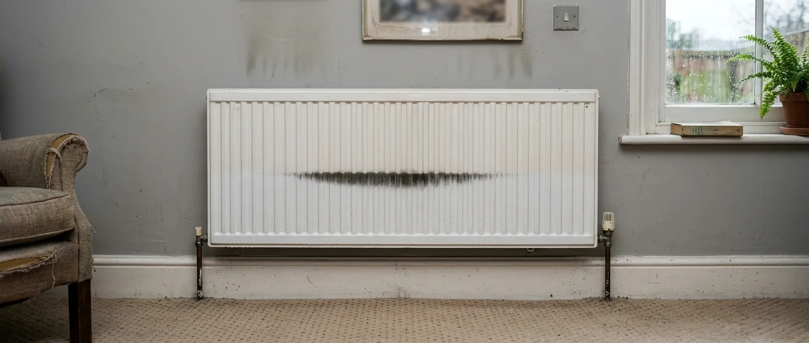 A panel radiator with a horizontal line across it, warm above and cold along the bottom