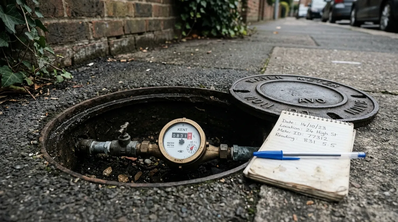 A water meter dial mid-reading with a notepad and pen on the pavement beside it