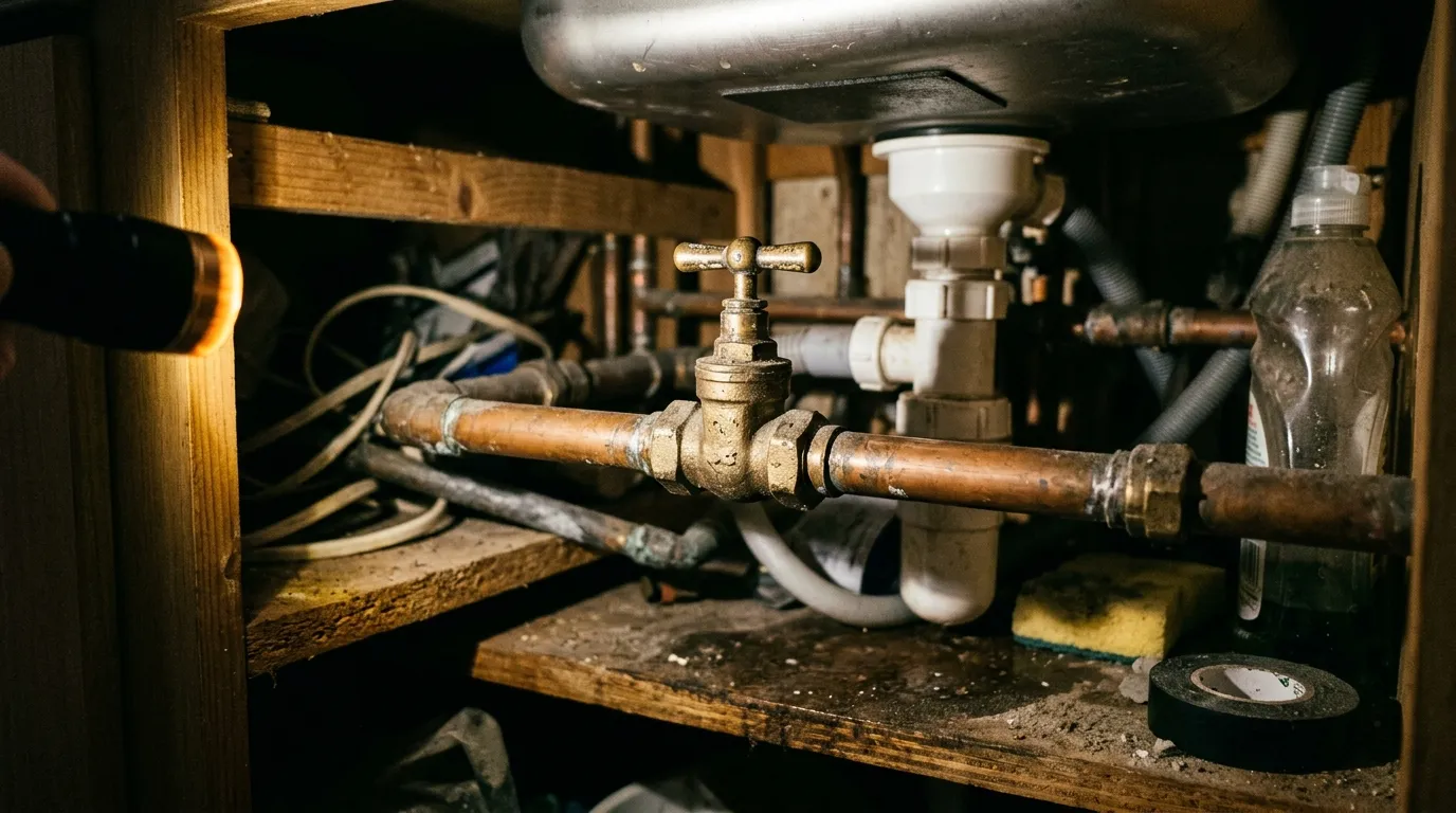 A brass internal stopcock turned to the closed position under a British kitchen sink