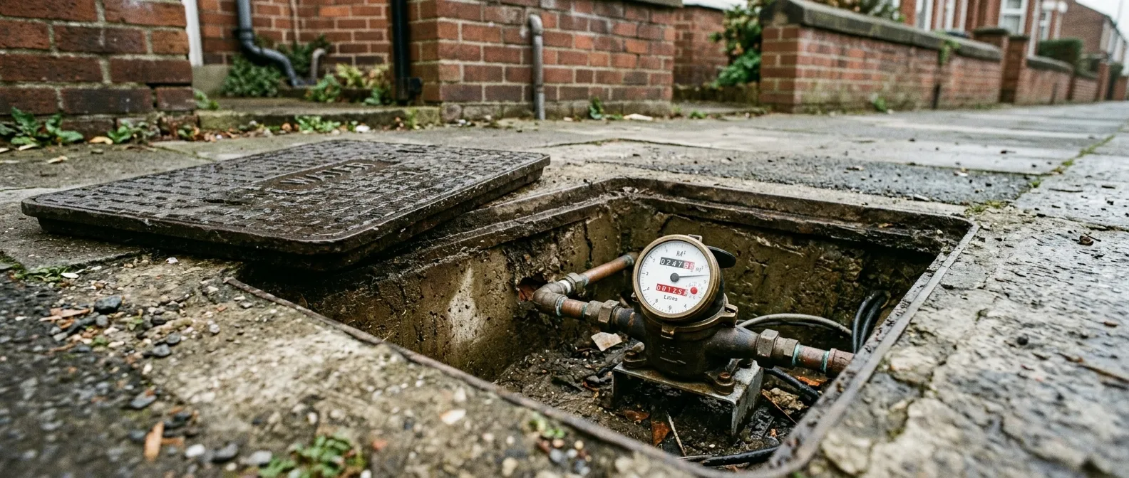A pavement water meter chamber with the lid lifted and the dial readable below