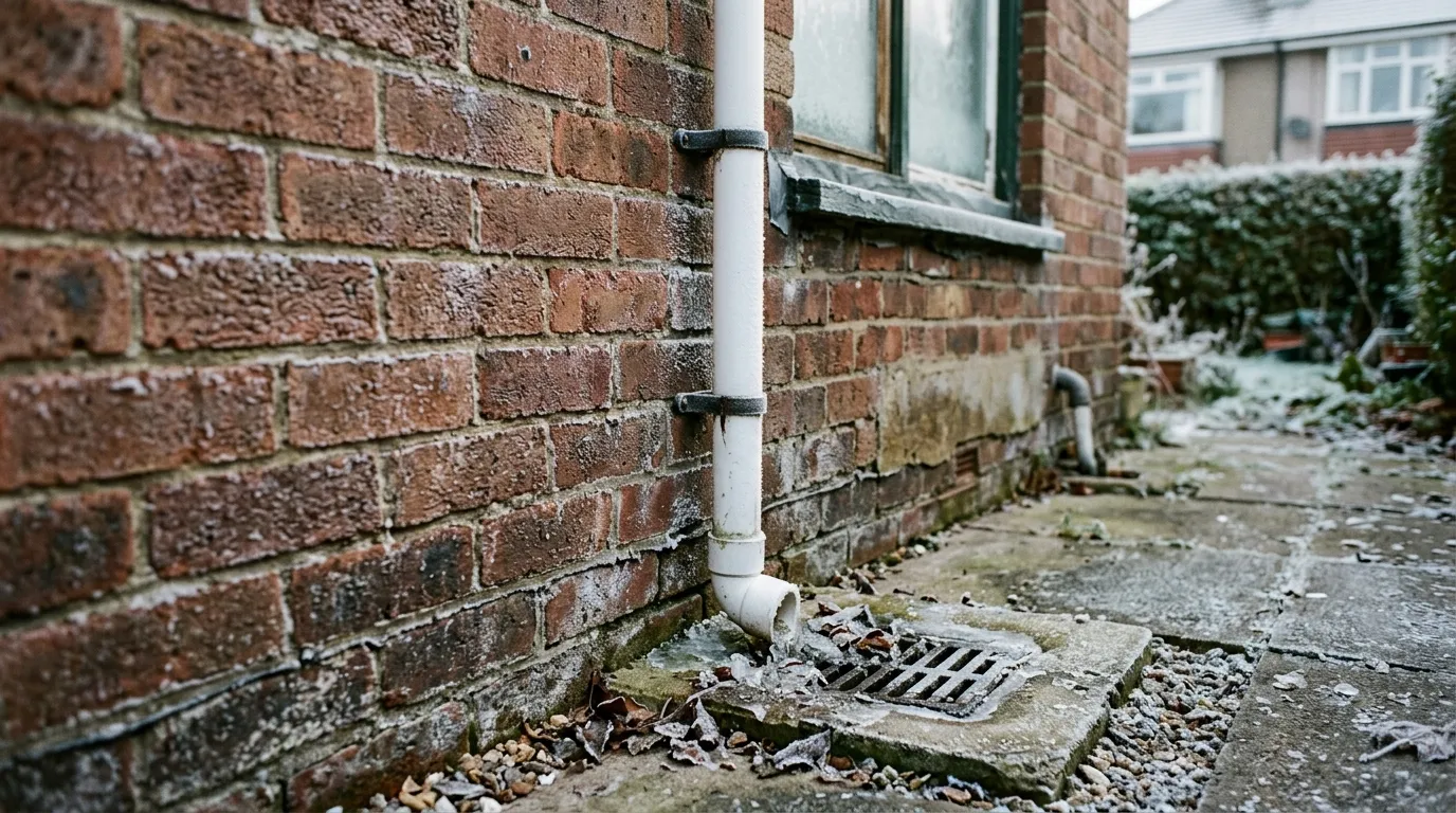 A frosted condensate pipe running down an exterior wall into a gully