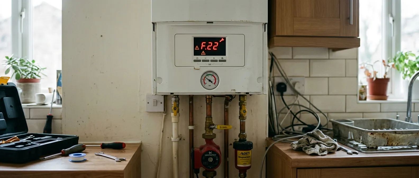 A combi boiler with a fault code on its display and the pressure gauge reading low