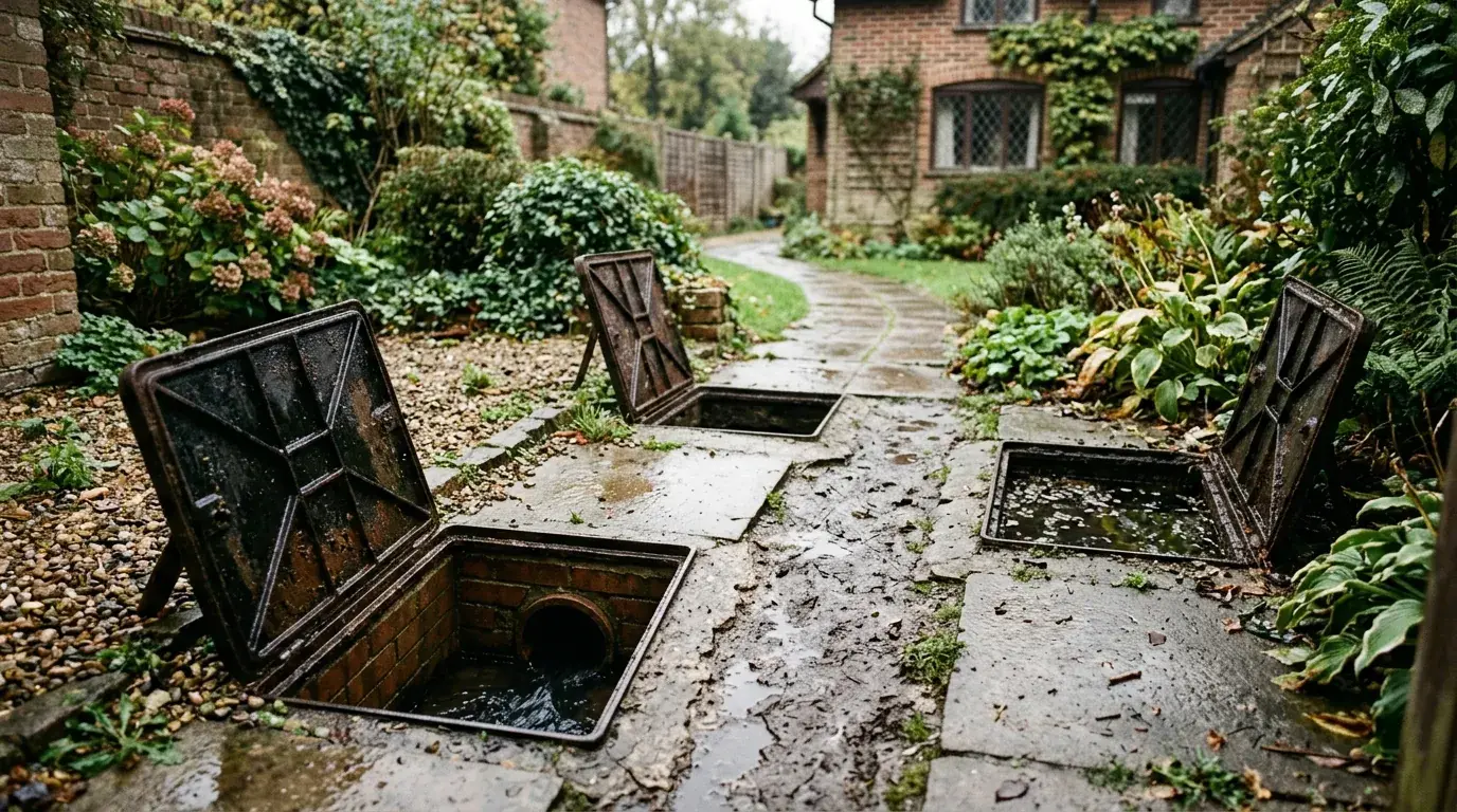 Three lifted inspection chamber covers down a garden path, the nearest clear and the furthest full