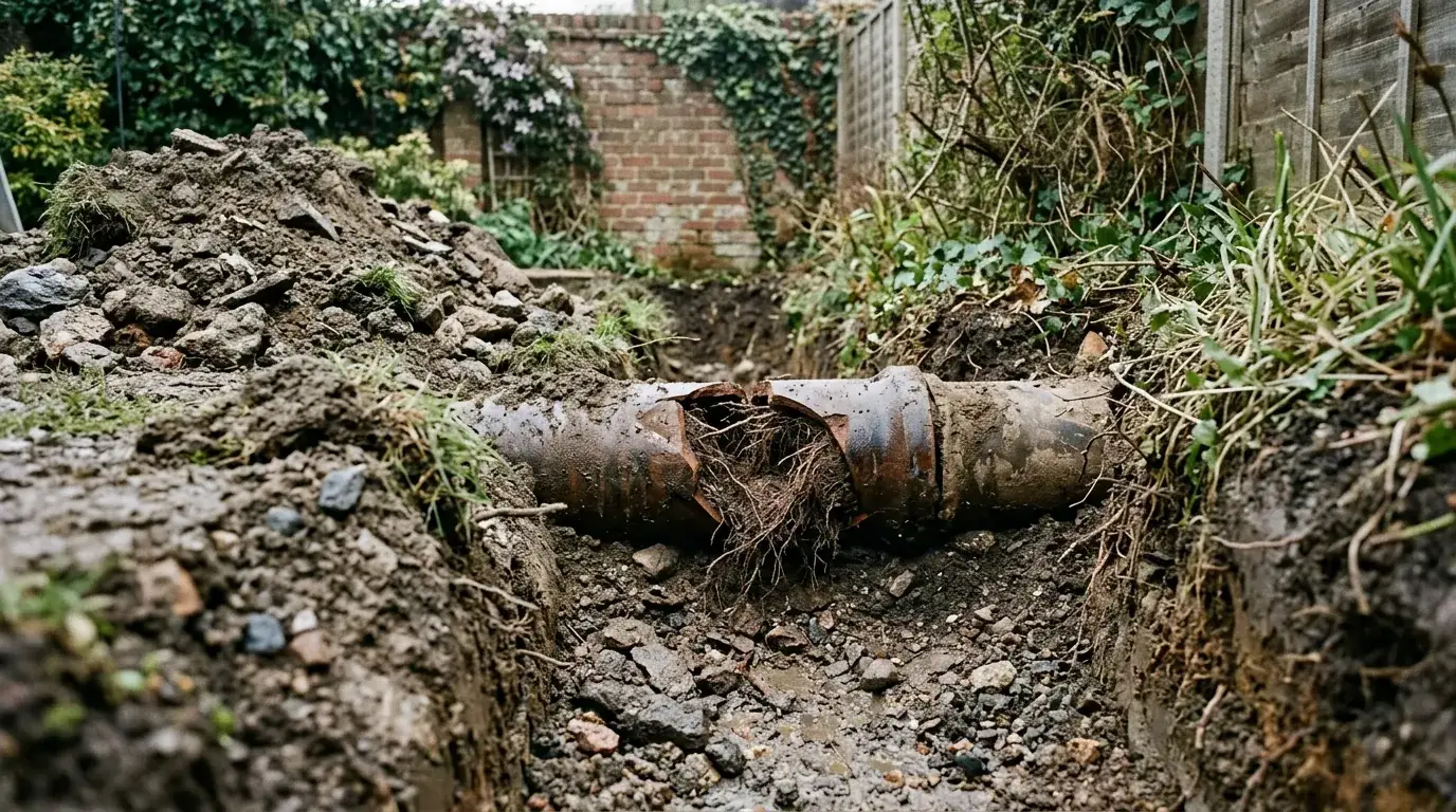 A cracked clay drain joint in a garden trench with tree roots growing through the opening