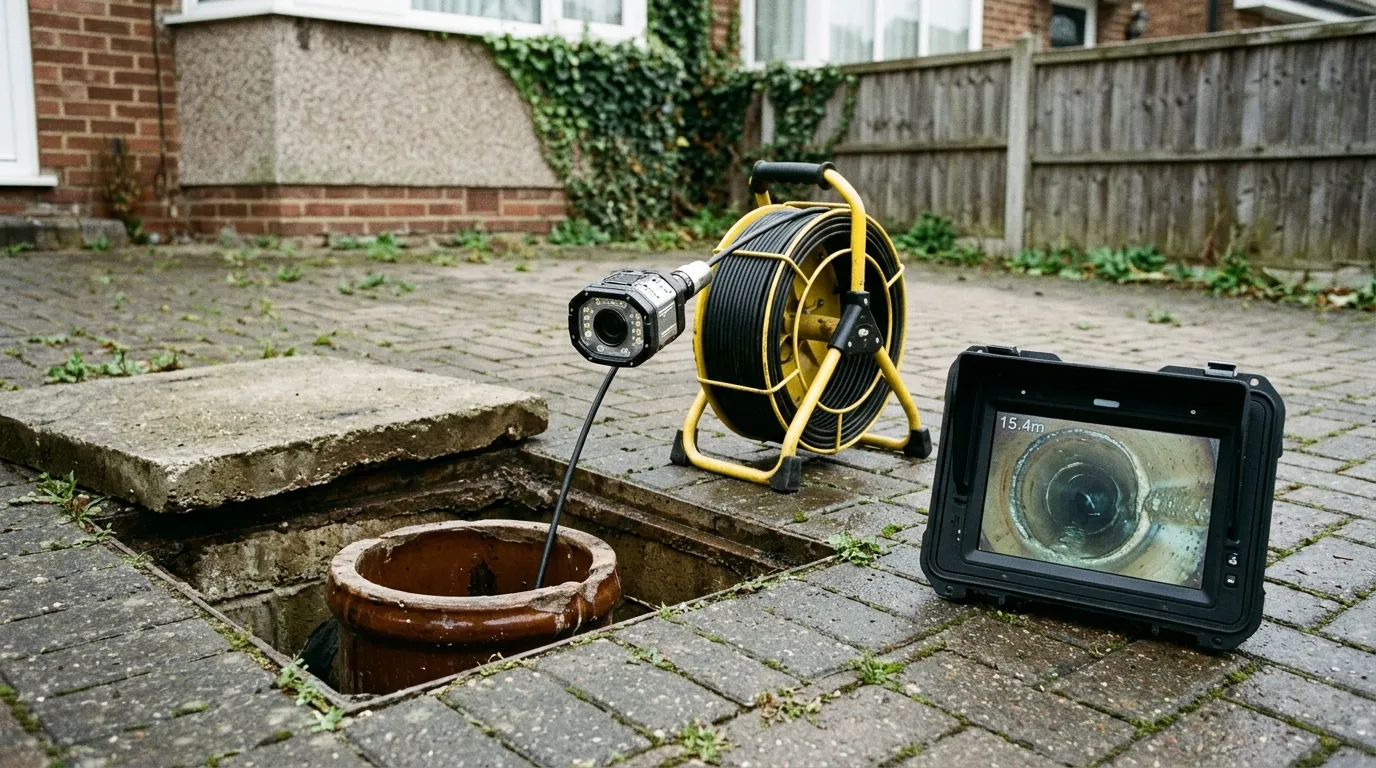 A drain survey camera and monitor beside an open chamber, the screen showing the inside of the pipe