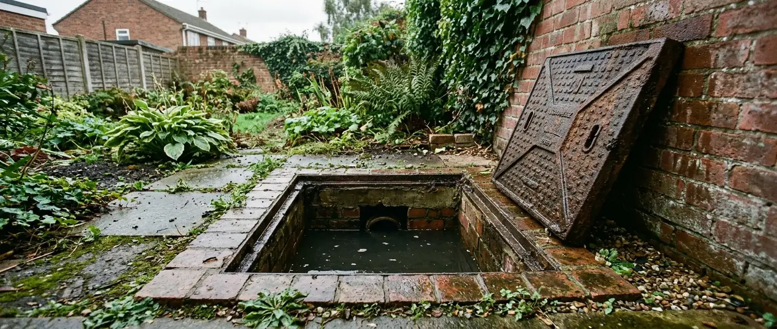 A drainage inspection chamber standing full of water with its cover lifted beside it
