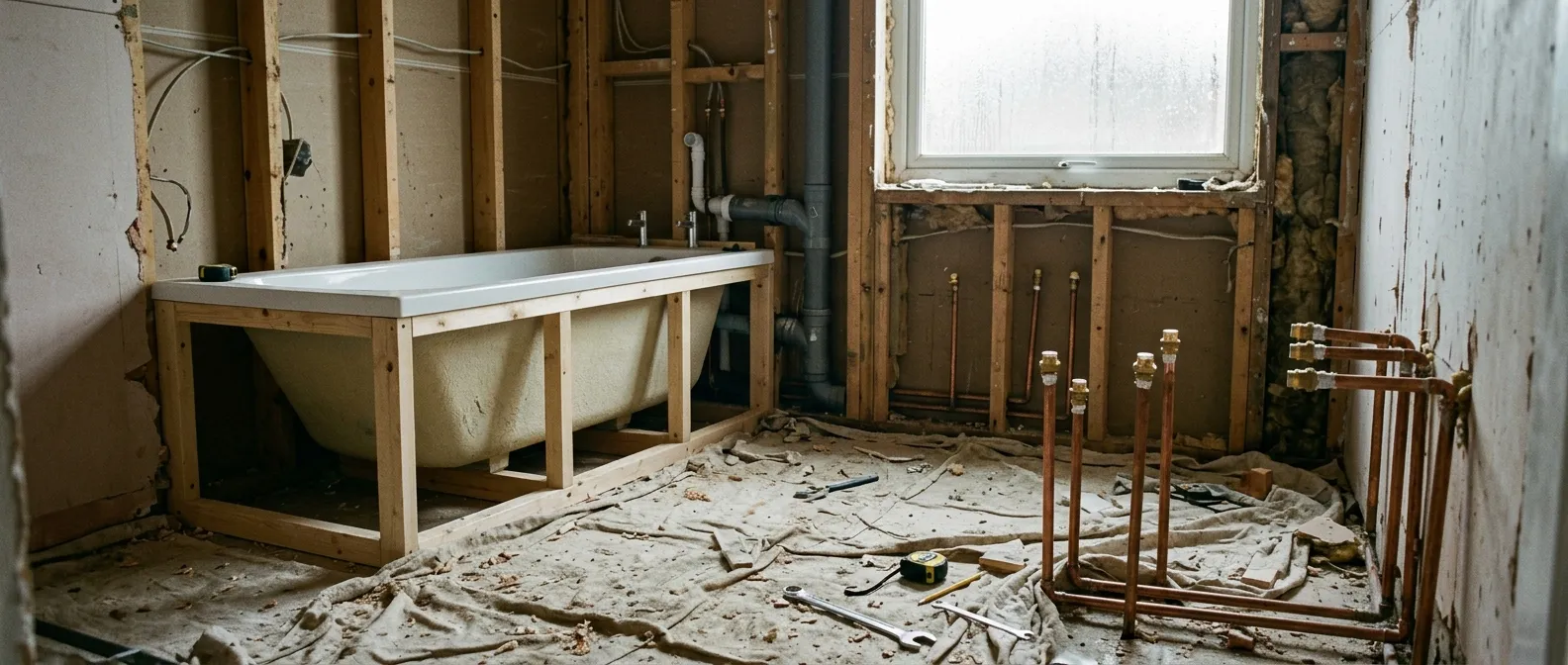 A British bathroom at first fix with waste runs roughed in and copper tails capped off