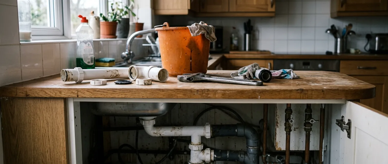 A dismantled sink trap and basin wrench on a British kitchen worktop beside the open cupboard below