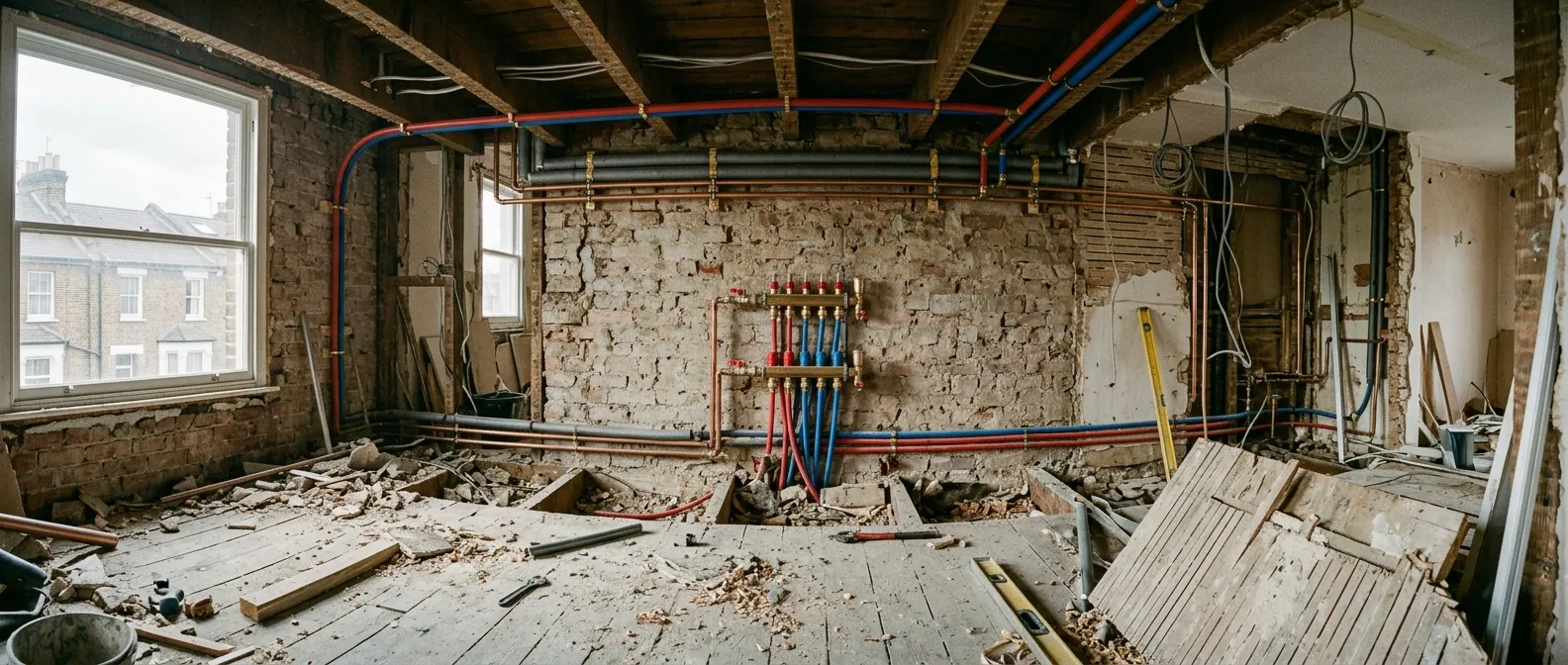 Exposed first fix pipework clipped along the joists of a London flat during renovation