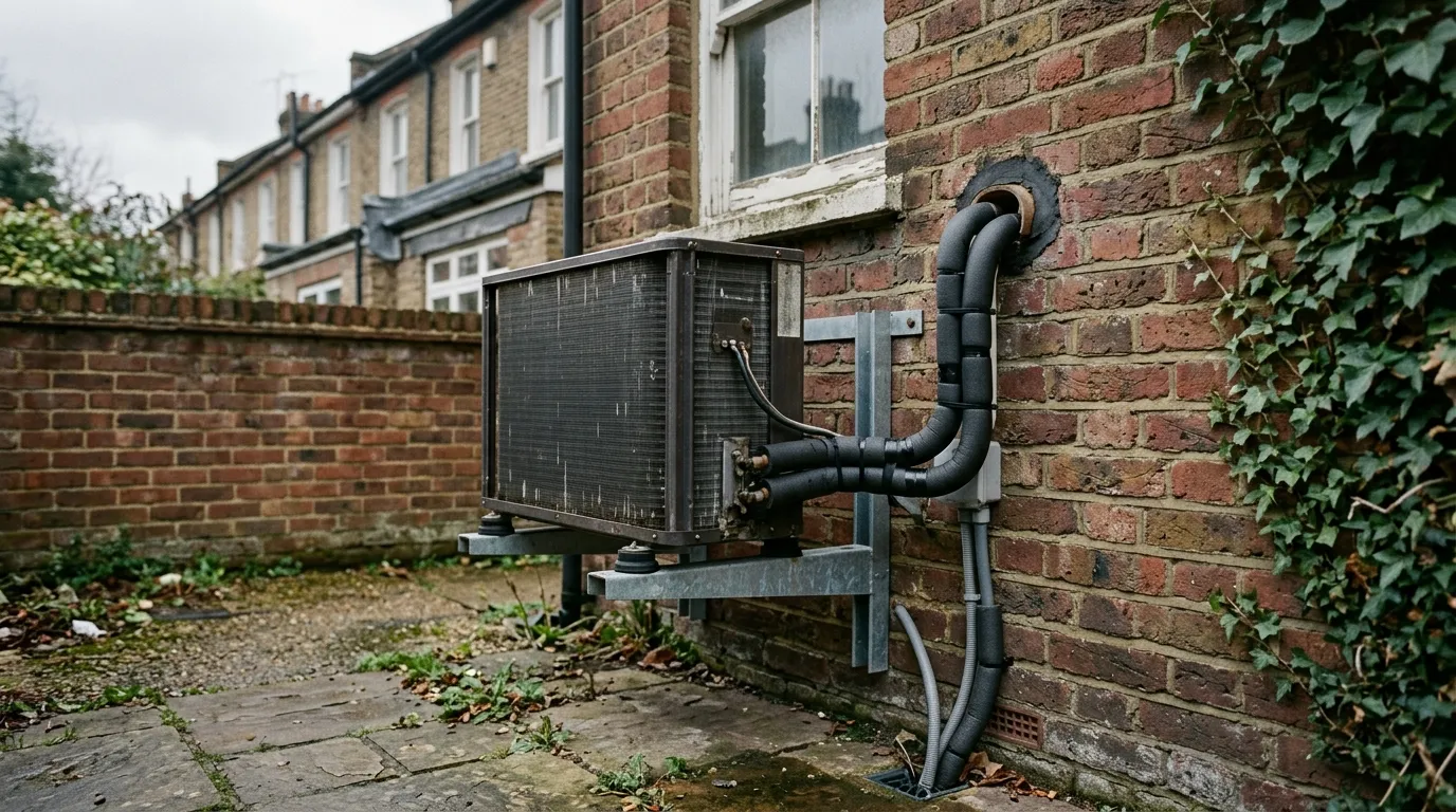 An air conditioning condenser on a bracket against the brick rear wall of a London house