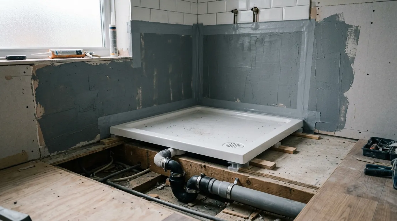 A levelled shower tray with its waste trap connected and tanking on the walls around it