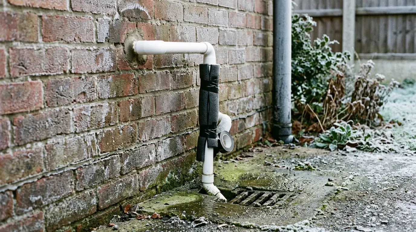 A boiler condensate pipe running out through an exterior wall into a gully on a frosty morning