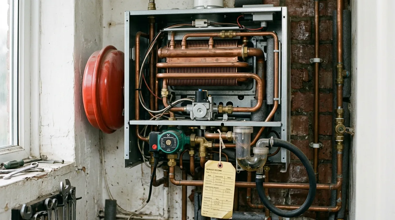 The inside of a combi boiler case showing the heat exchanger and condensate trap