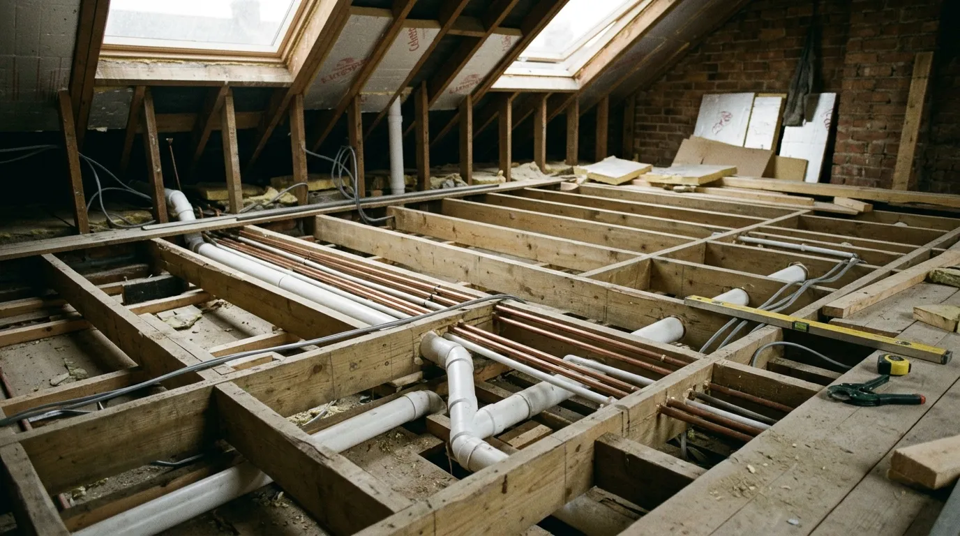 Heating and waste pipework set between new joists in a loft conversion before the floor