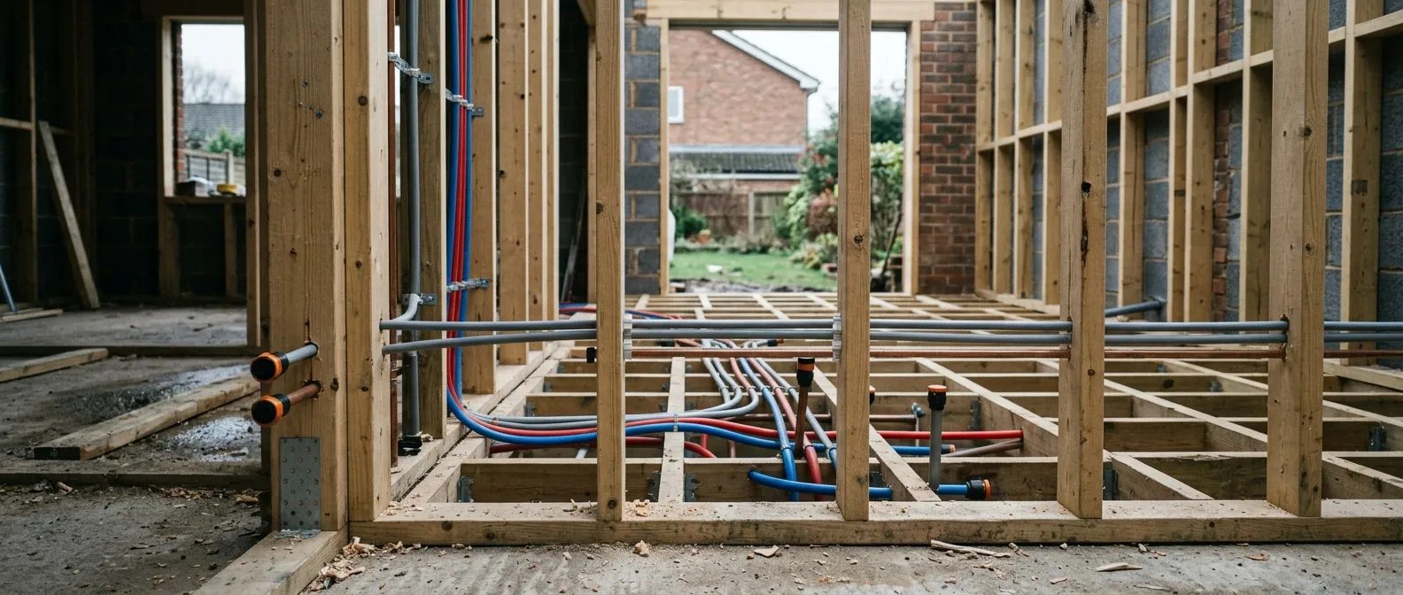 Plumbing and heating first fix clipped through the stud walls of a British rear extension