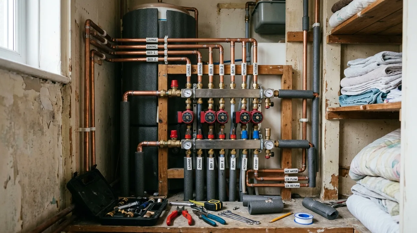 A newly installed heating manifold and zone valves with labelled pipe runs