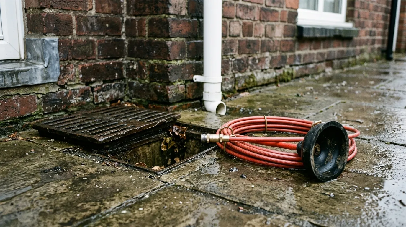 Drain rods and a plunger head beside an open gully at the base of a house wall