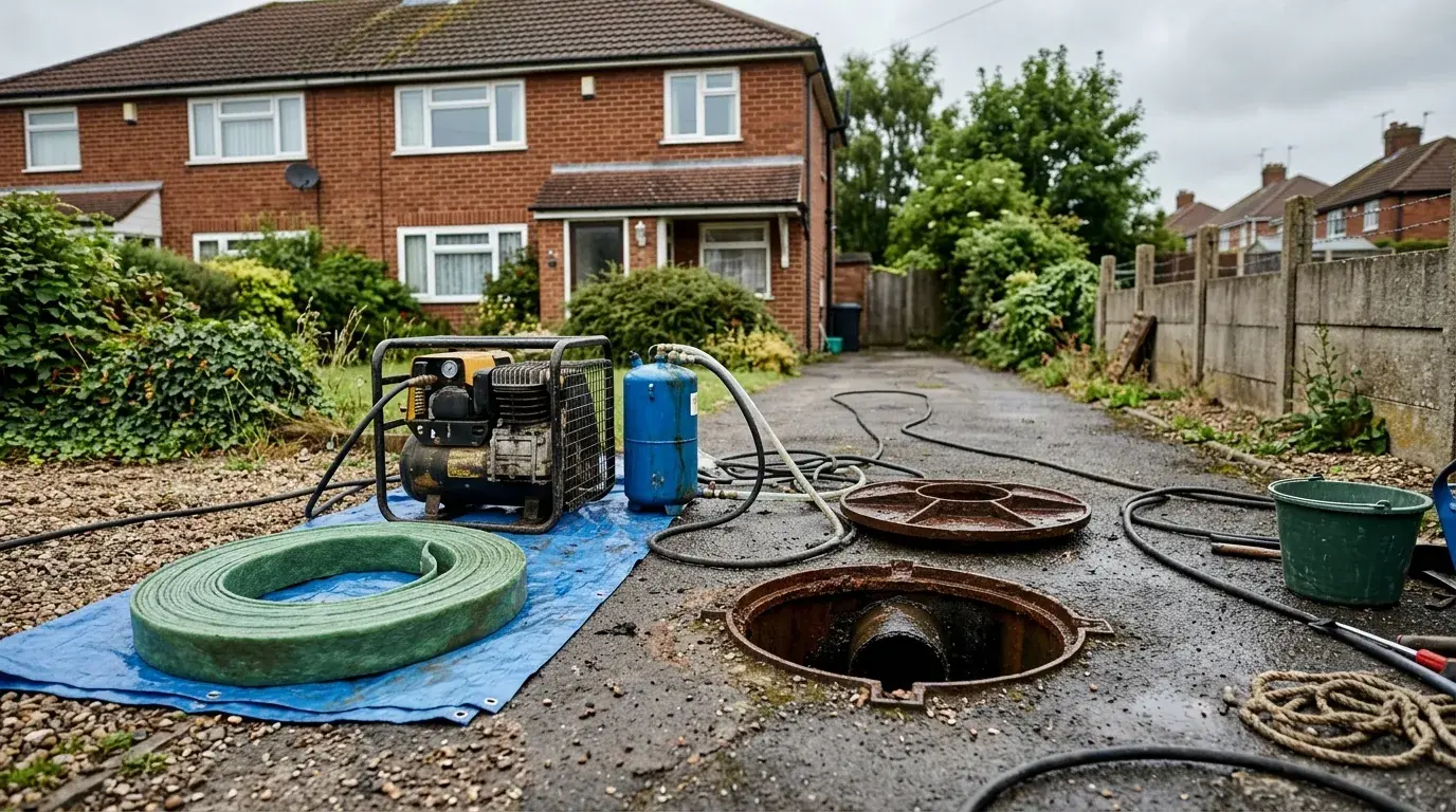 A drain lining rig and resin liner laid out beside an open chamber on a driveway