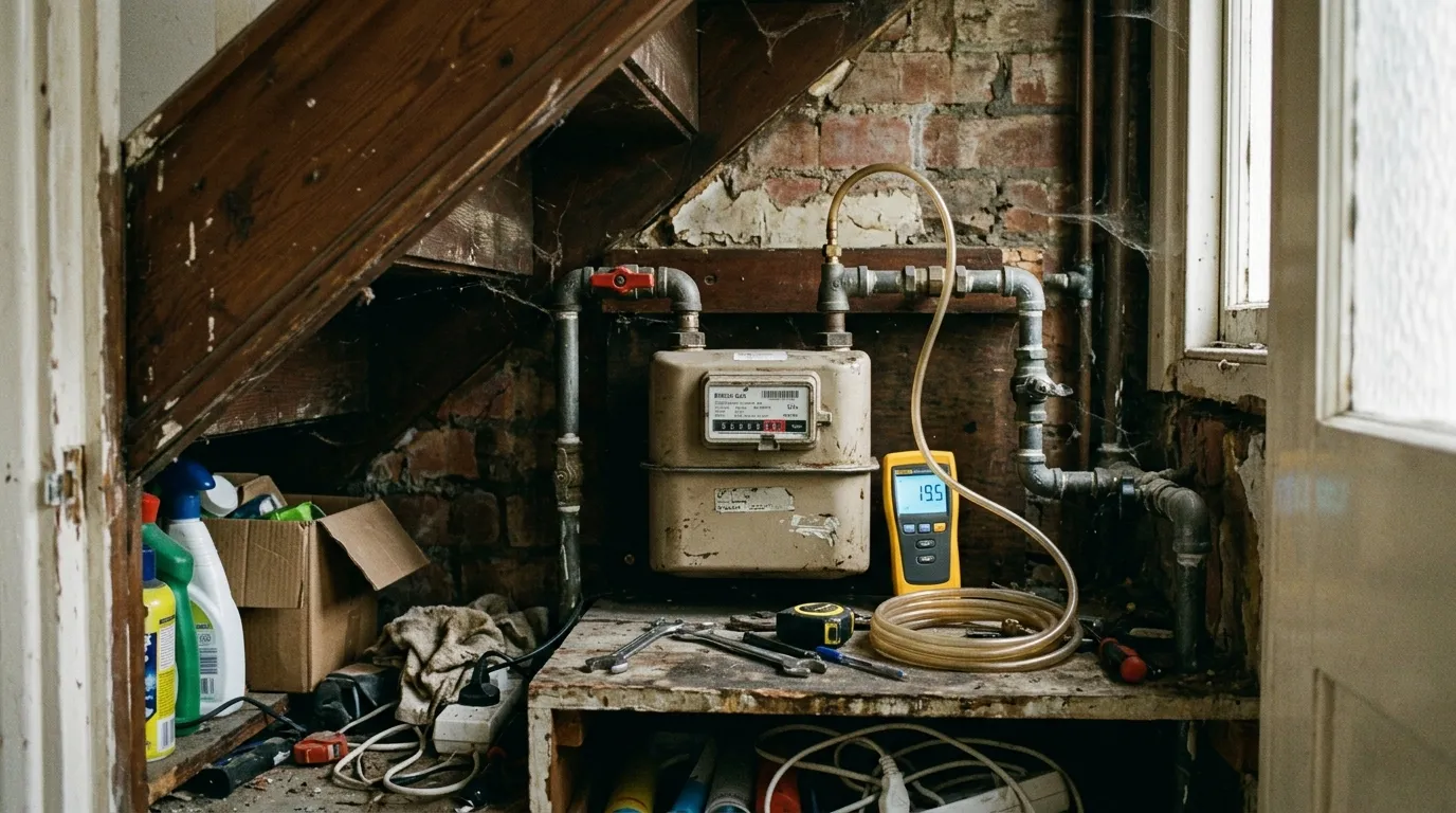 A gas meter and emergency control valve in a British under-stairs cupboard