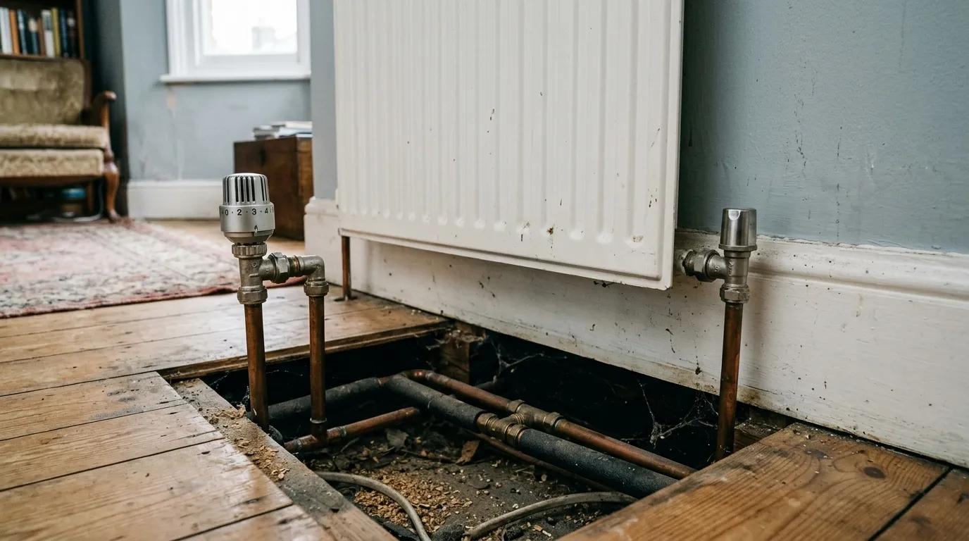 A thermostatic radiator valve on a panel radiator with the floorboards lifted beside it