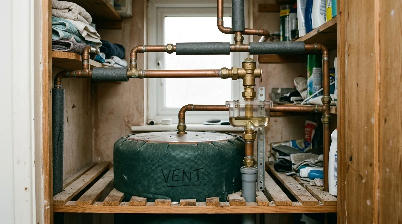 A tundish and temperature relief valve on the discharge pipework above a cylinder