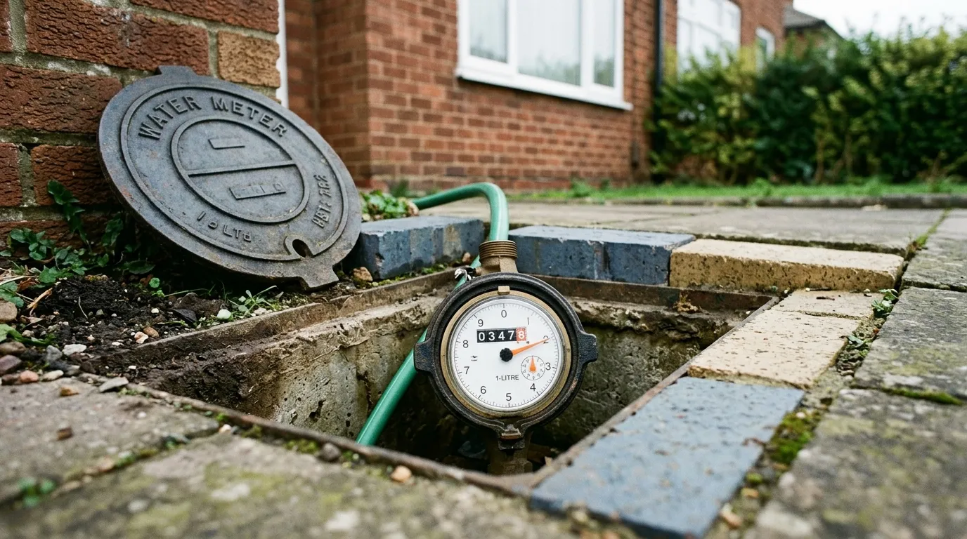 A water meter in an open pavement chamber with the dial and litre counter readable