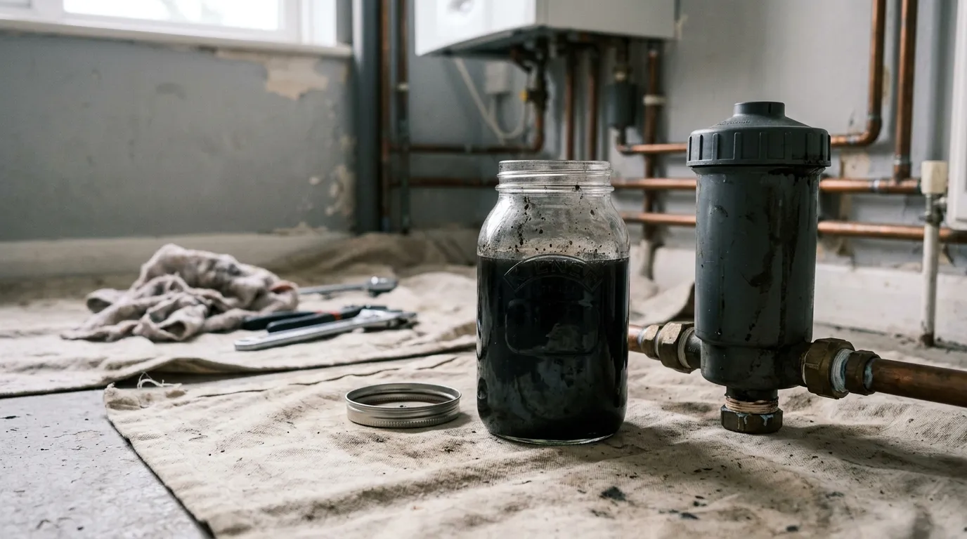 A jar of black sludged system water beside a magnetic filter canister on a dust sheet