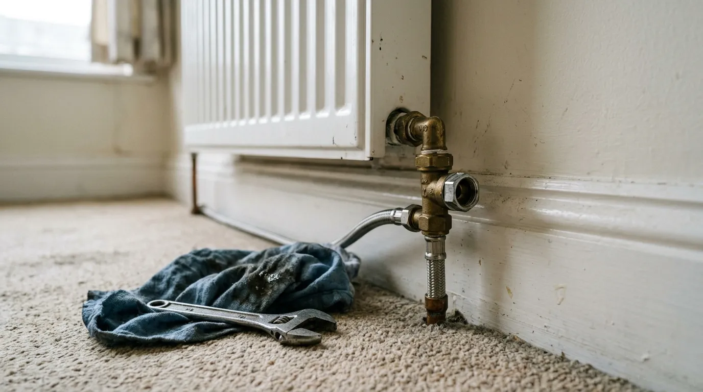 A radiator valve tail and lockshield at the bottom of a panel radiator against a skirting board