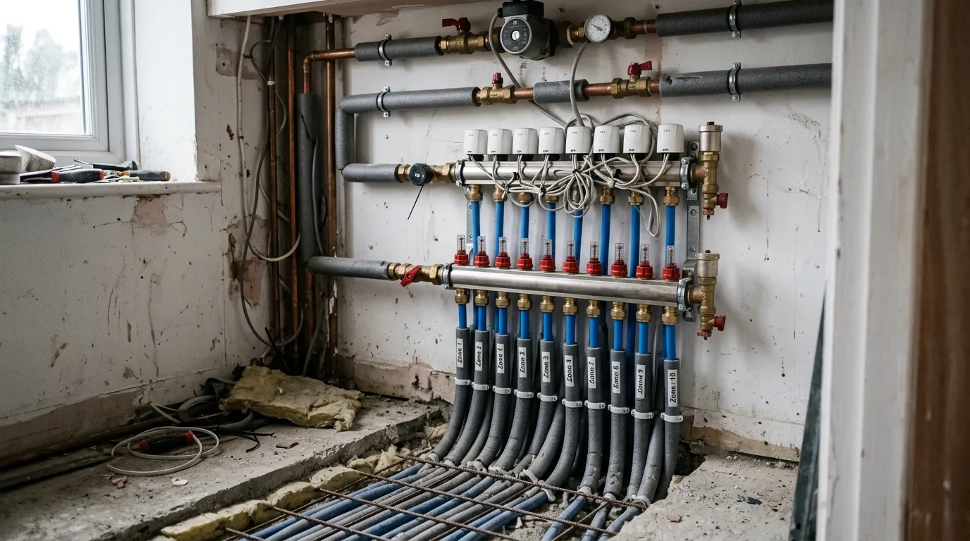 An underfloor heating manifold with flow meters mounted in a British utility cupboard